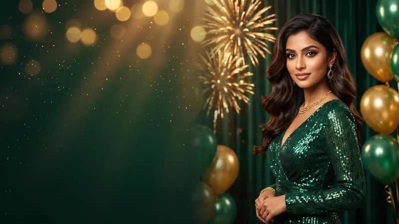 Woman in a green sequin gown with fireworks and balloons – KU9 Membership Day
