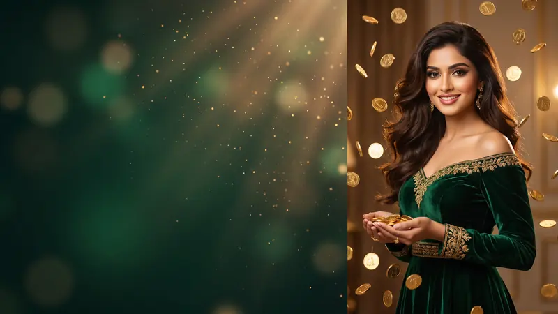 Woman in a green velvet gown catching gold coins – KU9 instant rebate