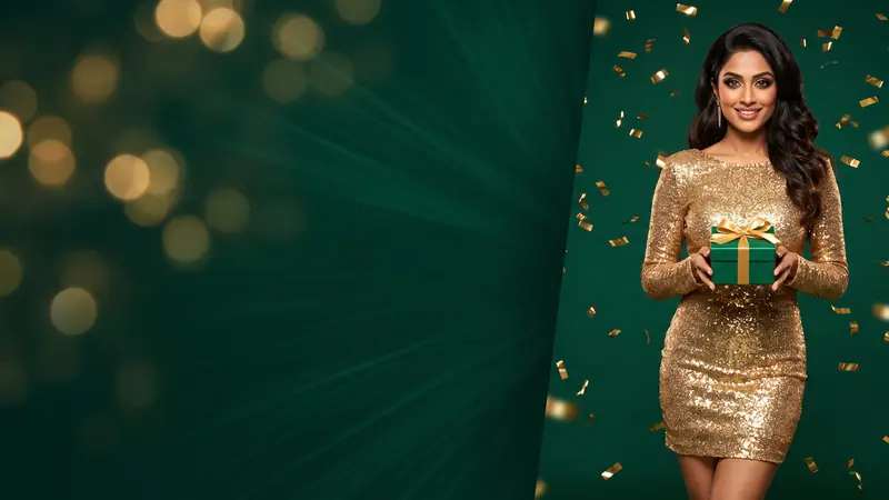Woman in a gold sequin dress holding a green gift box – KU9 first deposit bonus